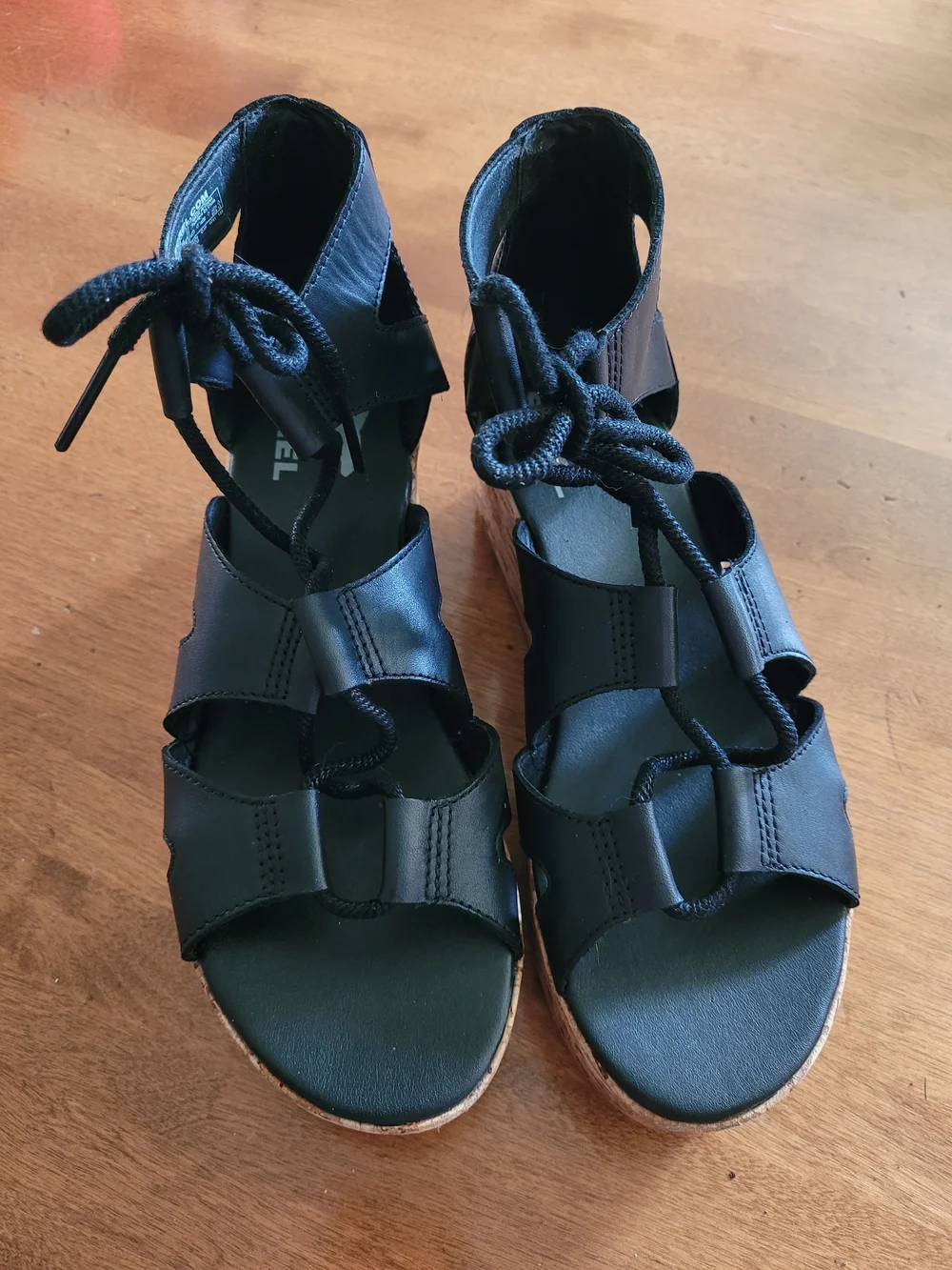 Black Lace-Up Cork Wedge Sandals - Women Sorel 7 Cameron Strappy Leather EUC